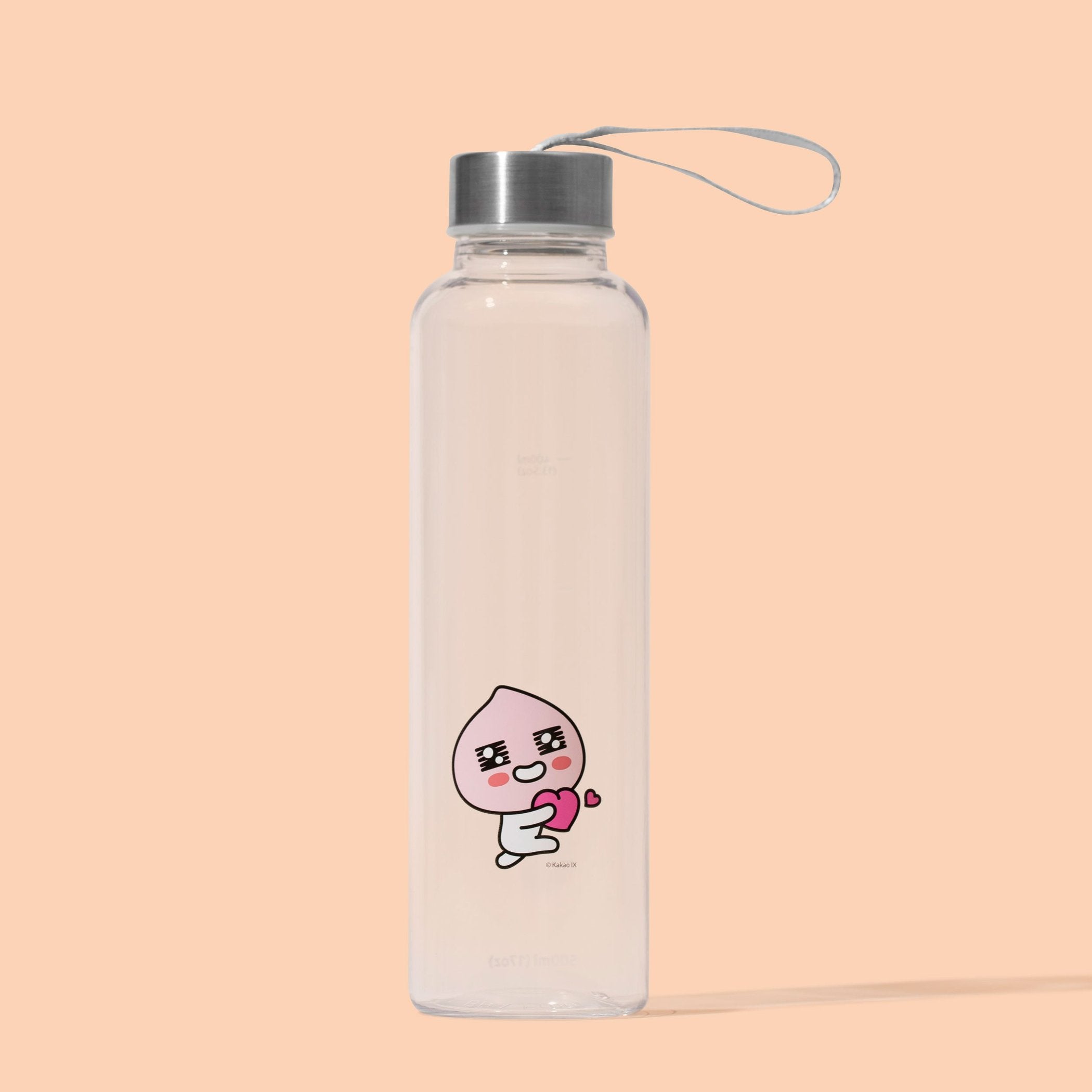 KakaoFriends 授权设计纤细水瓶 - 16.9盎司(500毫升)旋盖式不锈钢瓶盖带挂绳(桃色)