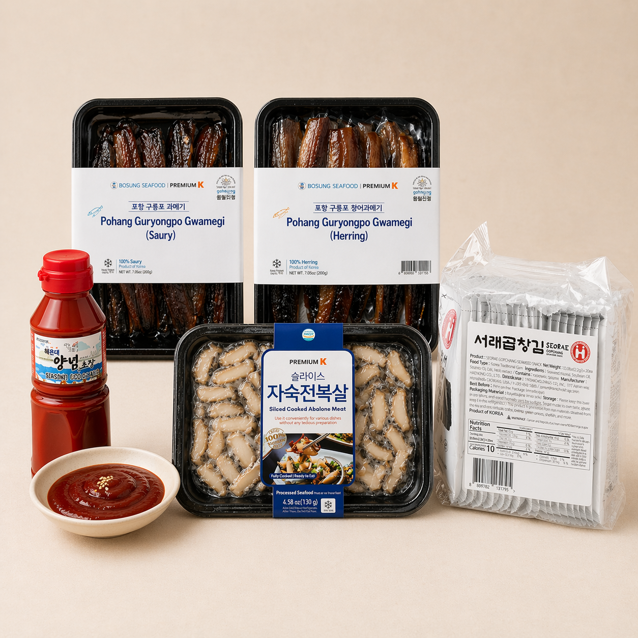 전복살과 과메기 셋트 (서래곱창김+ 자숙전복살+과메기2종+초장)