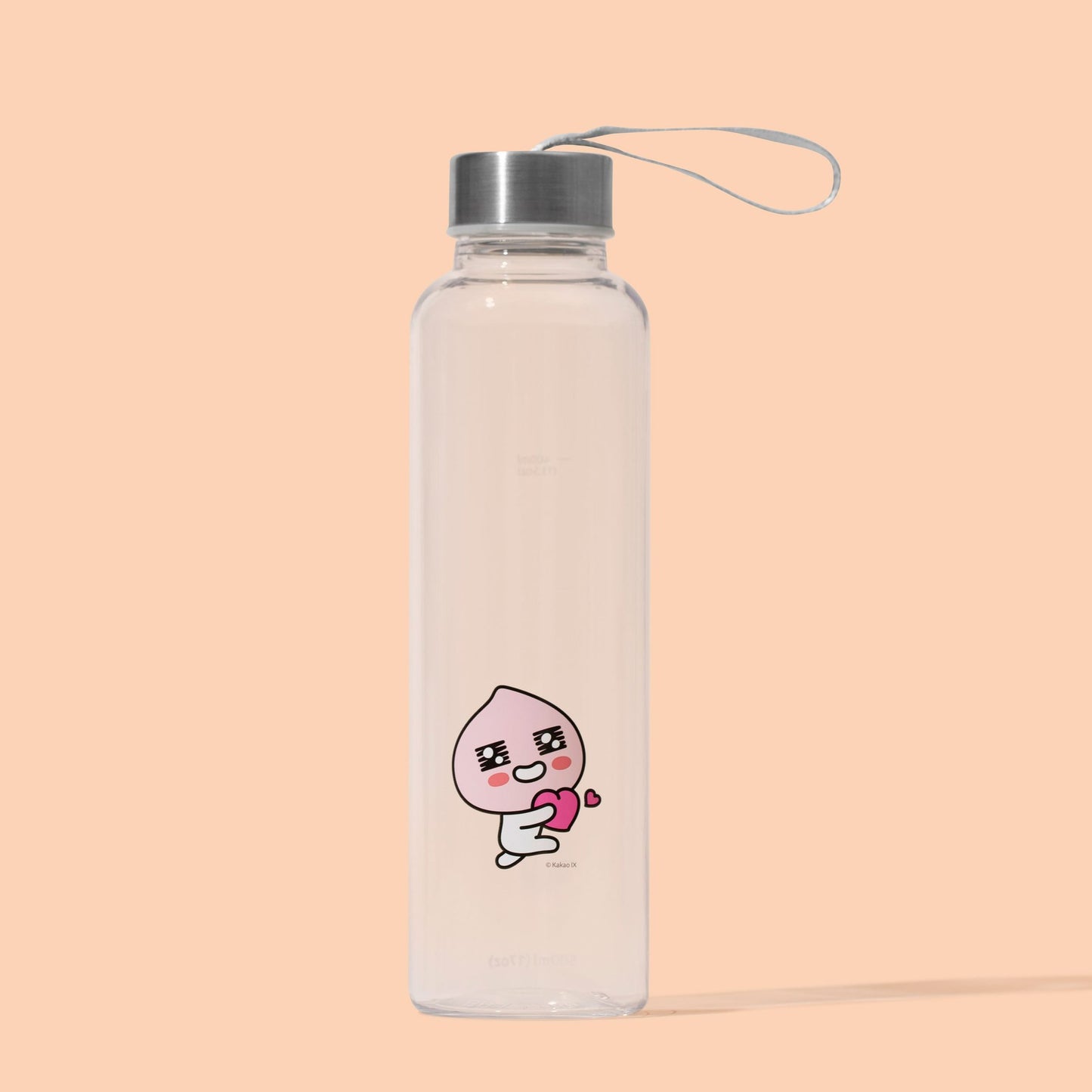 KakaoFriends 授权设计纤细水瓶 - 16.9盎司（500毫升）旋盖式不锈钢瓶盖带挂绳（桃色） 